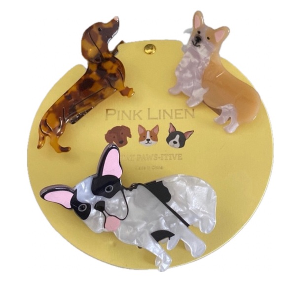 NWT 🐶 🐾 Pink Linen Stay Paw sitive! dog themed set of 3 hair claw clips - Picture 1 of 11